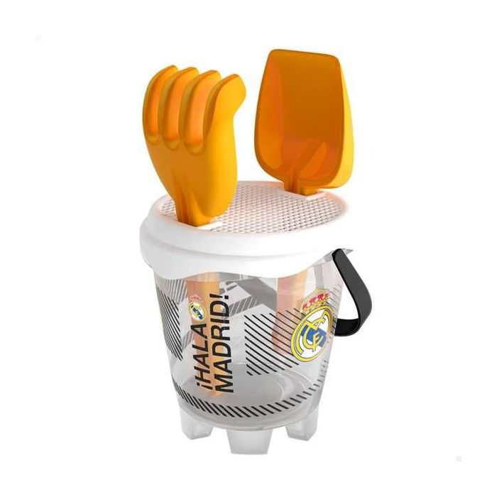 Cubo playa castillo real madrid diametro 18cm con pala,rastrillo y cedazo. 1 Cubo playa castillo real madrid diametro 18cm con pala,rastrillo y cedazo. 1