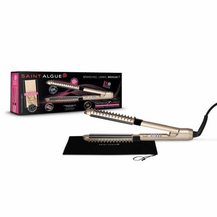 Saint Algue 3965 Demeliss XCURLER Plancha de pelo profesional, placas cerámicas curvas, 5 temperaturas (150-230°C), respaldo térmico, 56W, Dorado 1