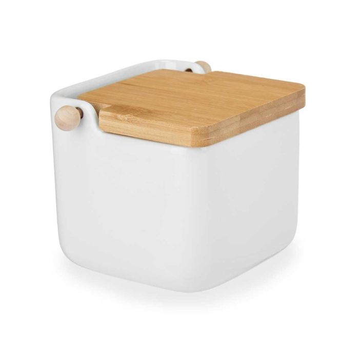 Salero de Cerámica Blanca con Tapa de Bambú Vessia 14.5x11x12 cm, 800 ml (6 Unidades) 1 Salero de Cerámica Blanca con Tapa de Bambú Vessia 14.5x11x12 cm, 800 ml (6 Unidades) 1