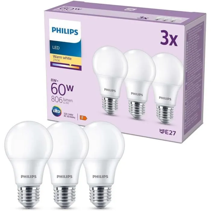 Philips Bombilla LED PHI8719514452404 60W E27 Blanco Cálido Mate No Regulable Pack 3 Unidades 1 Philips Bombilla LED PHI8719514452404 60W E27 Blanco Cálido Mate No Regulable Pack 3 Unidades 1