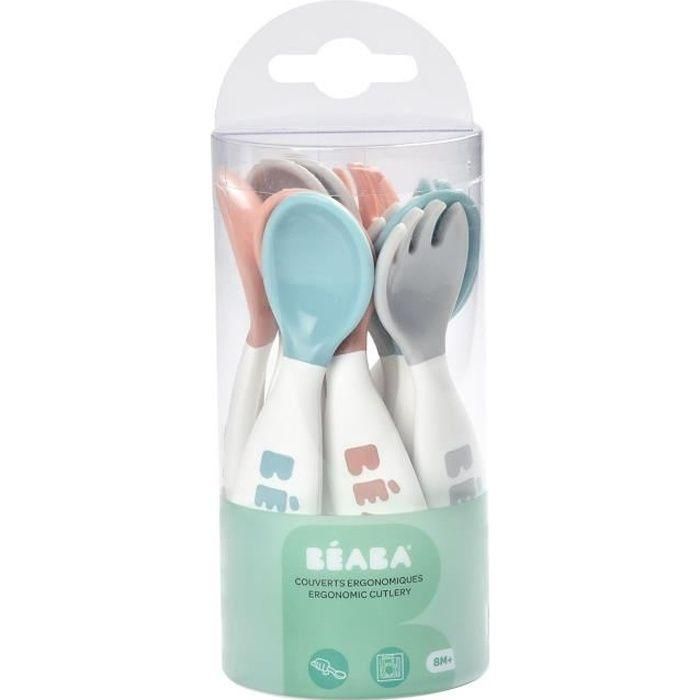 BEABA Set de 6 cucharas ergonómicas + 4 tenedores (rosa antiguo + verde aireado + niebla ligera)