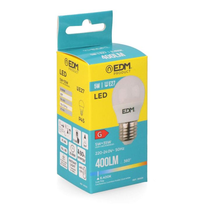 Edm Bombilla esférica LED E27 5W 400lm 6400K luz fría Ø4,5x8cm Clase G 1 Edm Bombilla esférica LED E27 5W 400lm 6400K luz fría Ø4,5x8cm Clase G 1