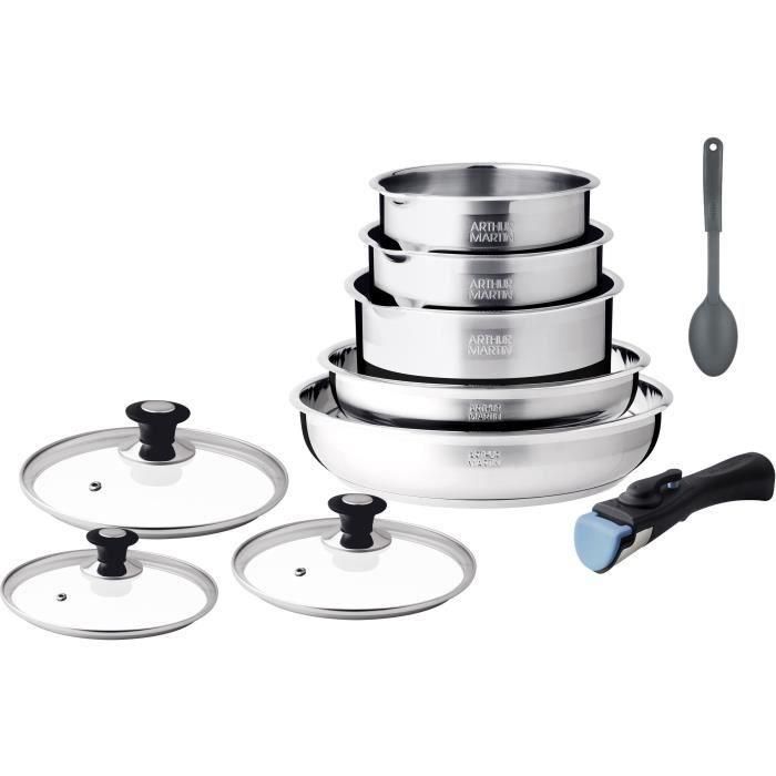 Batería de cocina de inducción - Arthur Martin - AM4485 - Acero inoxidable - 10 piezas - Mango extraíble - Todas las placas de cocina, incluida inducción Batería de cocina de inducción - Arthur Martin - AM4485 - Acero inoxidable - 10 piezas - Mango extraíble - Todas las placas de cocina, incluida inducción