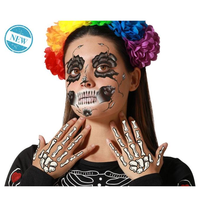 Tatuajes de Esqueleto para Manos y Rostro con Flores - Ideal Halloween y Día de Muertos 0 Tatuajes de Esqueleto para Manos y Rostro con Flores - Ideal Halloween y Día de Muertos 0