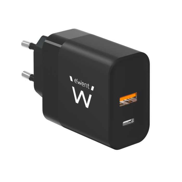 Ewent EW1327 Cargador Rápido GaN 45W con 2 Puertos (USB-C Power Delivery + USB-A) Universal para Smartphones, Tablets, Portátiles Negro