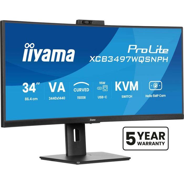 Iiyama Monitor curvo VA UWQHD de 34'' con cámara Windows Hello, USB-C, KVM, XCB3497WQSNPH-B1