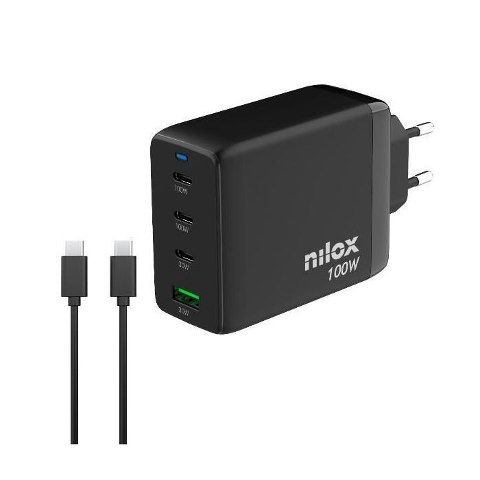 Nilox NXGANUSBC100 Cargador Universal 100W 4 Puertos (3 USB-C, 1 USB-A) con Cable USB-C a USB-C 2m Negro