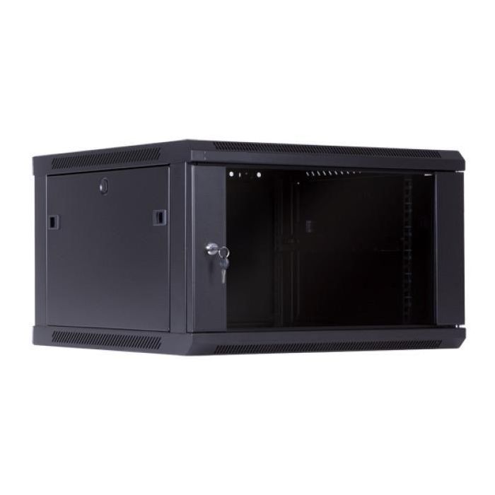 MicroConnect Armario mural de 19" 6HU, fondo 600mm, negro. Para CCTV, alarmas y sistemas de control de acceso. Puerta de vidrio templado.