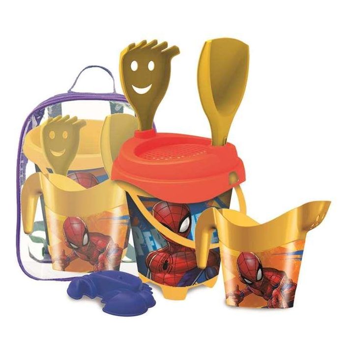 Mochila cubo playa castillo spiderman con cedazo, pala, rastrillo y moldes 18 cm 3 Mochila cubo playa castillo spiderman con cedazo, pala, rastrillo y moldes 18 cm 3