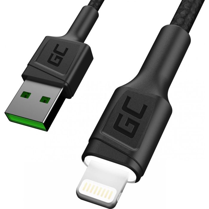 Green Cell KABGC05 Cable USB 3.0 a Lightning 1.2m con LED Negro para Carga Rápida 2.4A 480Mbps