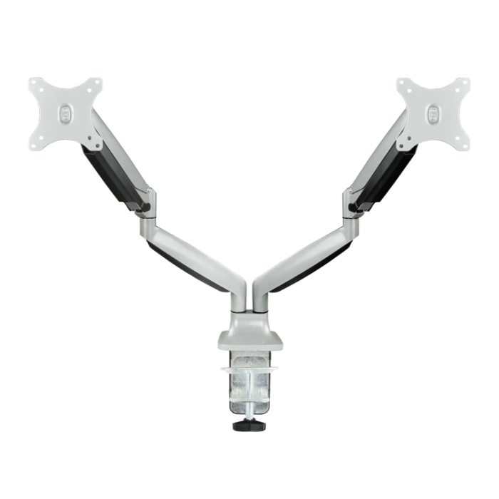 TooQ DB3132TNR-S Soporte de Mesa para 2 Pantallas de 13" a 32", Montaje Escritorio con Abrazadera o Tornillo, VESA 75x75-100x100, Carga 18kg, Aluminio Plata