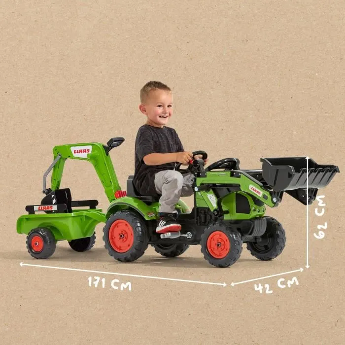 Falk Retroexcavadora de pedal CLAAS Arion 410 con excavadora - Pala frontal articulada - Volante con bocina - Remolque de caja abierta - Desde 2 años