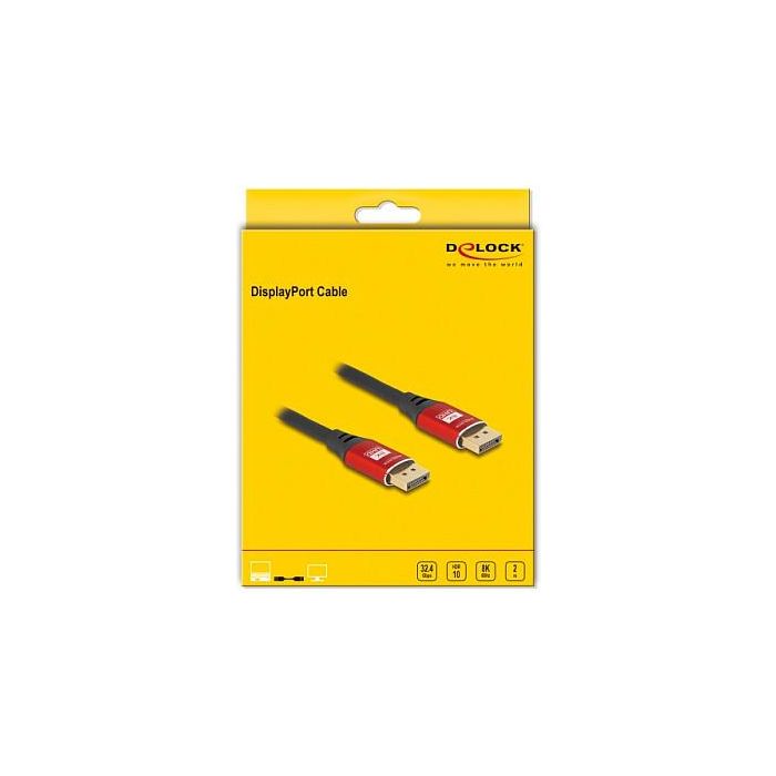 DeLOCK Cable DisplayPort 8K 60 Hz, 2 m, Negro y Rojo, DP 1.4, 7680x4320, 32.4 Gbit/s, Macho a Macho, Conector Dorado, Shielded 2 DeLOCK Cable DisplayPort 8K 60 Hz, 2 m, Negro y Rojo, DP 1.4, 7680x4320, 32.4 Gbit/s, Macho a Macho, Conector Dorado, Shielded 2