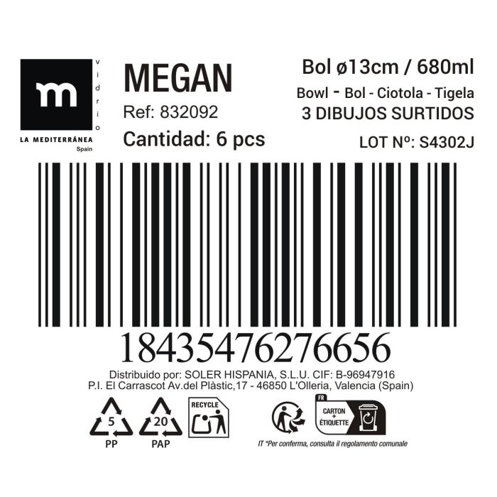 Bowl Megan 680 ml - 3 dibujos surtidos - La Mediterranea (36 Unidades) 1 Bowl Megan 680 ml - 3 dibujos surtidos - La Mediterranea (36 Unidades) 1