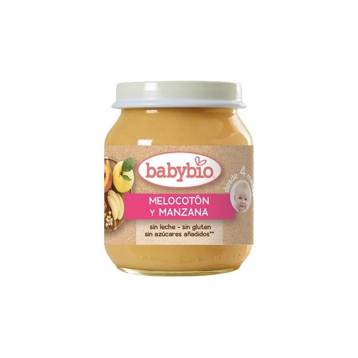 BABYBIO Potito de Melocotón y Manzana Ecológico Sin Gluten Ni Azúcares Añadidos para Bebés +4 Meses 130g