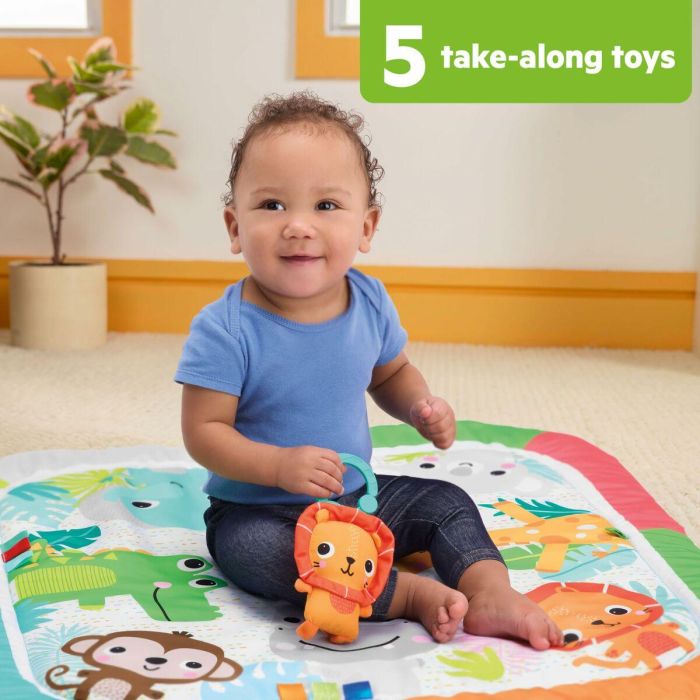 Bright Starts Alfombra de Actividades Plegable para Bebé BS17516 - Azul Jungla con Juguetes Sensoriales y Musicales, Espejo 9