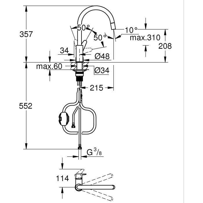 Grifo de cocina - Cromo - Caño alto en forma de C - Aireador extraíble - Rotación 360 - Limitador de caudal - GROHE Start Curve - 30562000 1