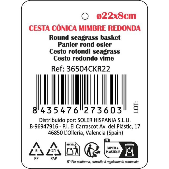 Privilege Cesta Conica Mimbre Redonda 22x22x8 cm Colección Korne (24 Unidades)