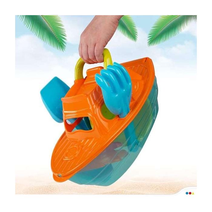 Cubo playa 14 cm con yate 36 cm, pala, rastrillo y 3 moldes en red 12 Cubo playa 14 cm con yate 36 cm, pala, rastrillo y 3 moldes en red 12