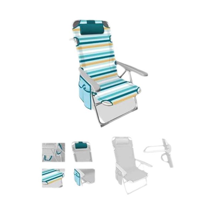 Silla playa aluminio multiposicion rayada con reposacabezas 38 cm., almohadilla, bolso lateral y asas para transportar, 100x62x57cm (480 gr) Silla playa aluminio multiposicion rayada con reposacabezas 38 cm., almohadilla, bolso lateral y asas para transportar, 100x62x57cm (480 gr)