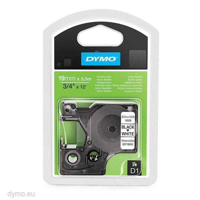 Dymo 16958 Cinta de Transferencia Térmica D1 Etiquetas Estándar Negro sobre Blanco 19mmx3.5m Nylon Flexible Autoadhesiva Rotuladora Labelmanager