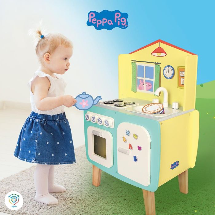DEQUBE Cocina de Madera Peppa Pig 45x70x30cm. Con horno, grifo y fuegos. Juguete educativo con cantos redondeados para niños +2 años. 4