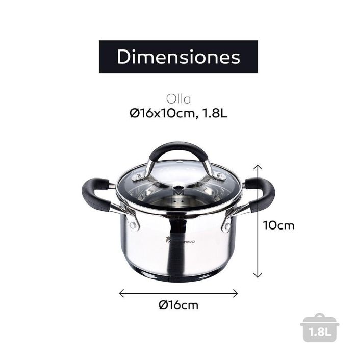 Masterpro Olla BGMP-1504-BK 1,8 l Acero Inoxidable ø16x10cm Foodies Apta Inducción Gas Eléctrica Vitrocerámica Halógeno
