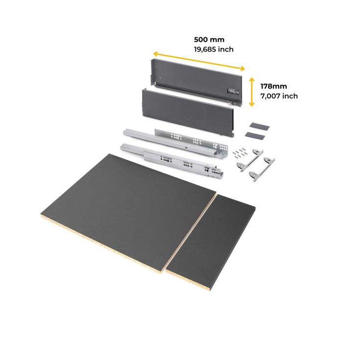 Emuca Kit de cajón para cocina o baño Vertex de altura 178mm con regulación 3D, tableros incluidos, módulo 450mm, Gris antracita 10