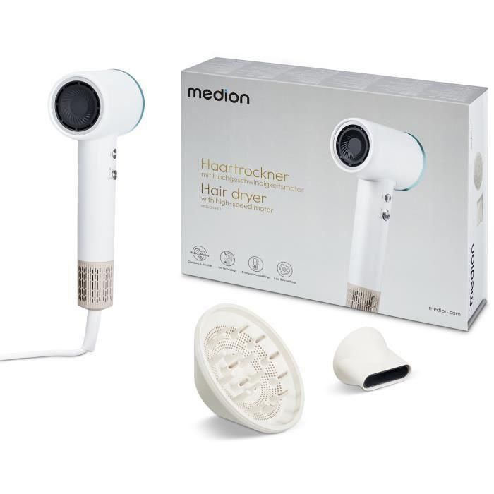 Medion MD19983 Secador de Pelo 1600W, 2 Velocidades, 85°C, Diseño LED Blanco 0 Medion MD19983 Secador de Pelo 1600W, 2 Velocidades, 85°C, Diseño LED Blanco 0