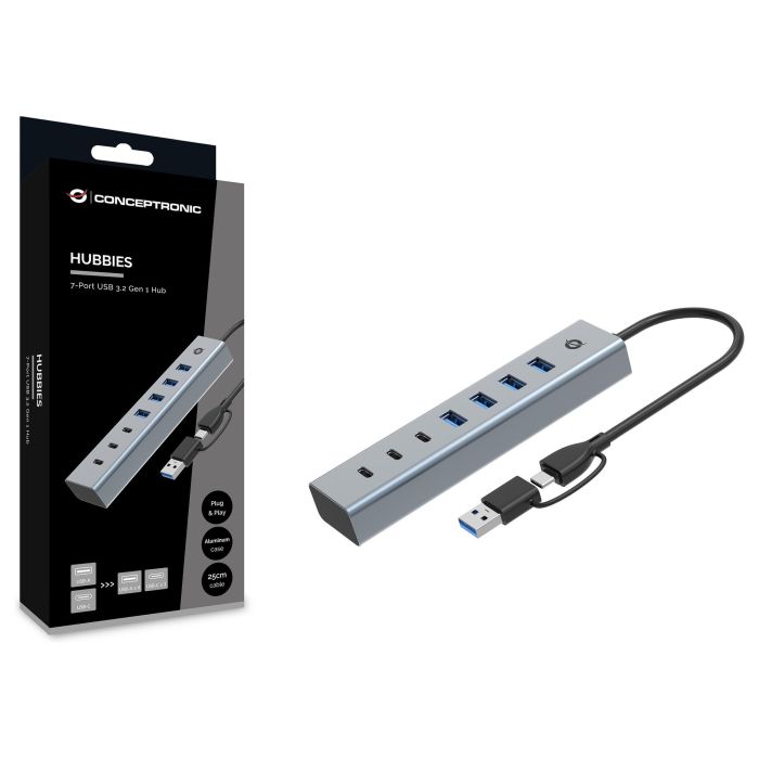 Conceptronic HUBBIES20G Hub USB 3.2 Gen 1, 7 Puertos (3x USB-C, 4x USB-A), Gris
