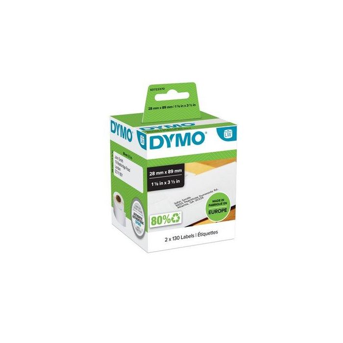 Dymo 99010 Etiquetas de Transferencia Térmica Label Writer, Negro sobre Blanco 28x89 mm, 2 Rollos 130 Unidades