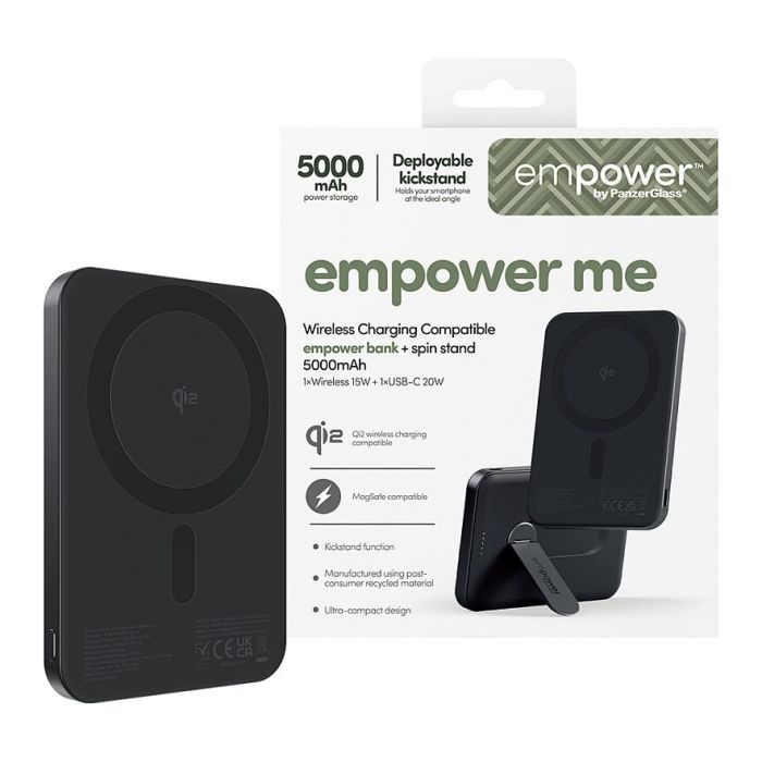 PanzerGlass Empower Bank w. Spin Stand - Banco de Potencia con Cargador Inalámbrico de 15W, 5000mAh, Color Negro Espacial 1