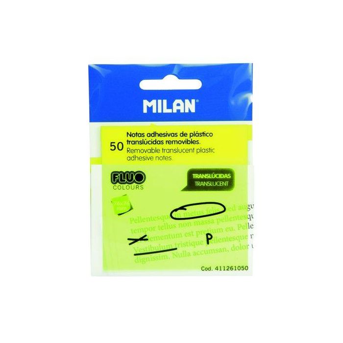 Milan Bloc Notas Adhesivas Removibles 50H, Plástico Translúcido Amarillo Fluorescente, 76x76 mm
