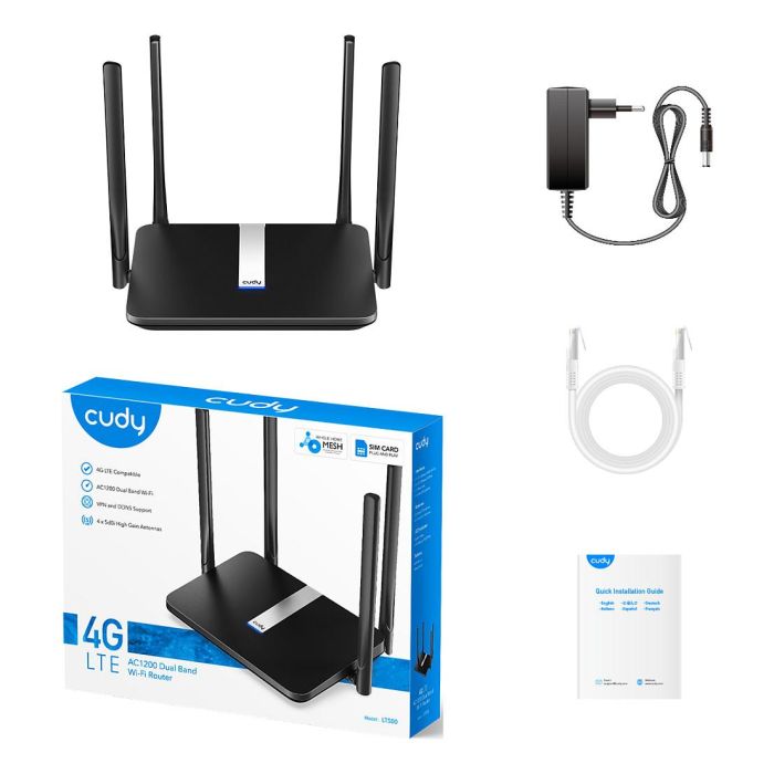 Cudy LT500 Router Inalámbrico 4G Doble Banda (2.4/5GHz) Wi-Fi 5 AC867 Ethernet Rápido VPN Negro