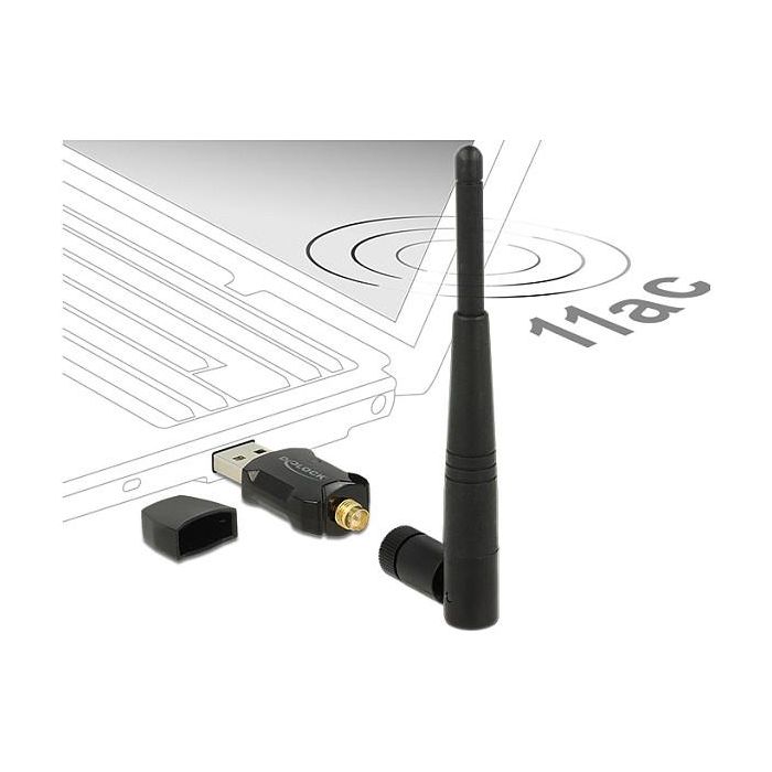 DeLOCK 12462 Adaptador USB WLAN Doble Banda 2.4G/5G, Wi-Fi 5 (802.11ac) hasta 433 Mbps, USB 2.0, Antena Externa, Negro