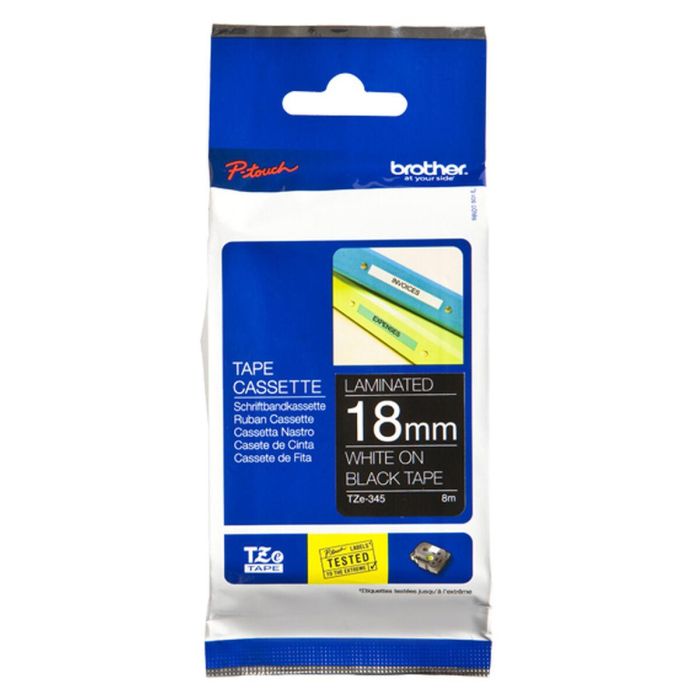 Brother Laminated labelling tape TZe-345, White On Black Labelling Tape – 18mm wide X 8m Brother Laminated labelling tape TZe-345, White On Black Labelling Tape – 18mm wide X 8m