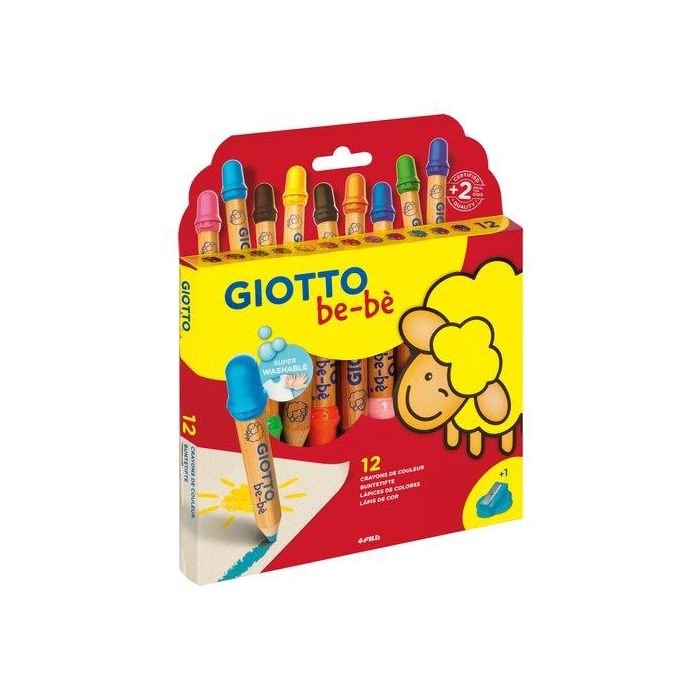 Giotto Lápices de Colores Super Be-Bè, Mina 7mm, Madera de Cedro, Caja 12 Colores Surtidos + Sacapuntas, Seguros para Niños