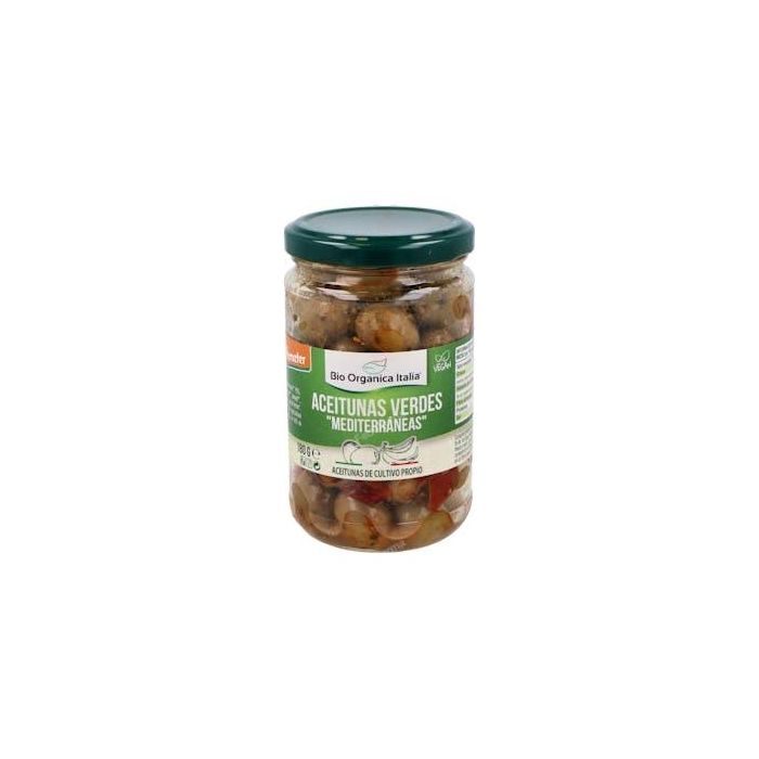 Demeter Aceitunas Verdes Mediterráneas aliñadas con AOVE y especias 180g - Ideal aperitivo