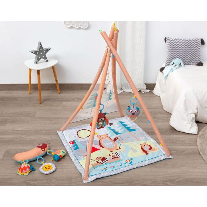 KioKids Teepee-Mantita de Actividades Bosque 2 en 1 para Bebés, Incluye Almohada y 5 Juguetes Interactivos +0 Meses Multicolor
