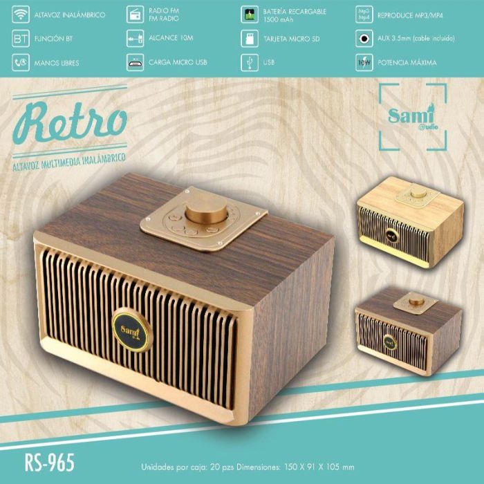 SAMI Altavoz Multimedia Retro con Radio FM, Diseño Tipo Madera Clara, 10W, Conexión USB y Micro