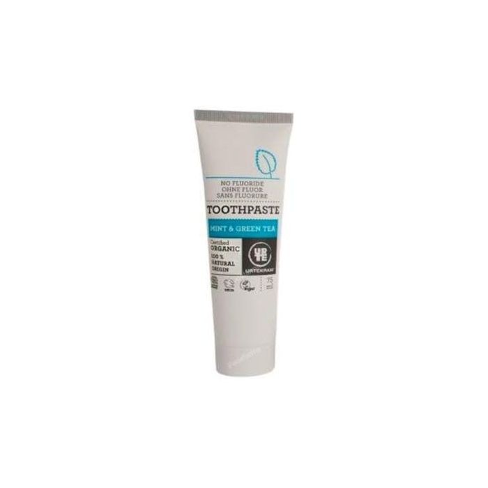 URTEKRAM Dentífrico Menta-Té Verde Bio Sin Flúor con Aloe Vera y Mirra para Encías, Certificado COSMOS ORGANIC, Vegano, 75ml
