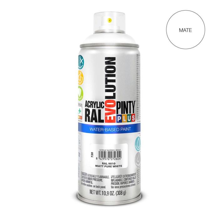 Pinty Plus Ral 9010 Pintura acrílica en spray base agua 520 cc Blanco Puro Mate