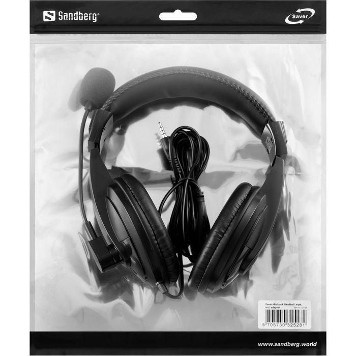 Sandberg Saver MiniJack Headset Large Auriculares con Micrófono y Control de Volumen Cableado
