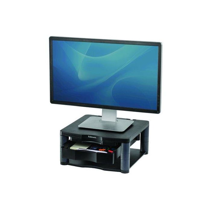 Fellowes Soporte para Monitor Plus Ajustable 5 Alturas (64-165 mm) hasta 36 kg con Cajón Almacenamiento, Grafito
