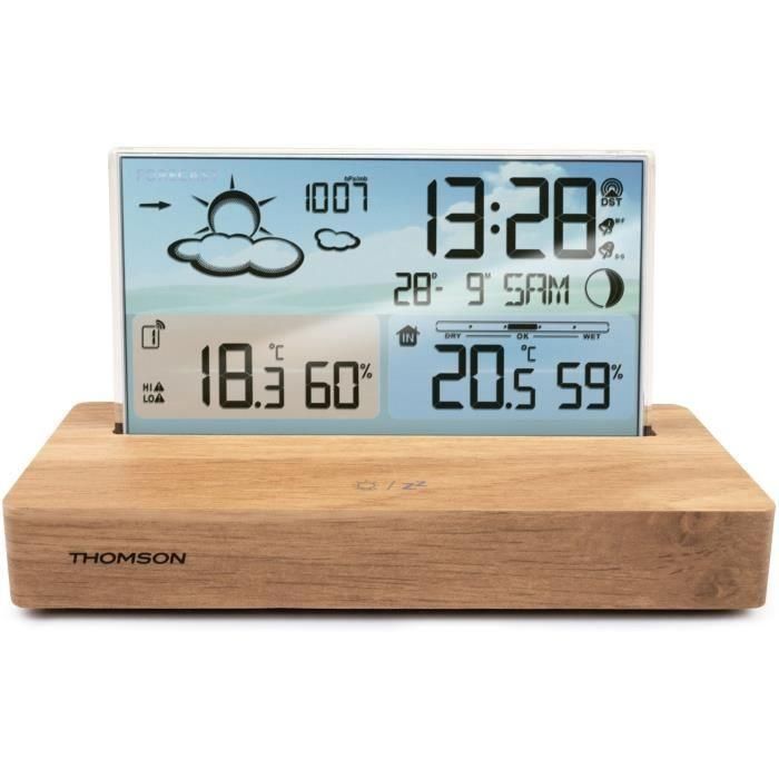 Thomson THO3499550389203 Reloj Despertador Estación Meteorológica con Visualizador Temperatura, Higrometría, Alarma Dual, USB-C, Sonda Inalámbrica, Madera Clara