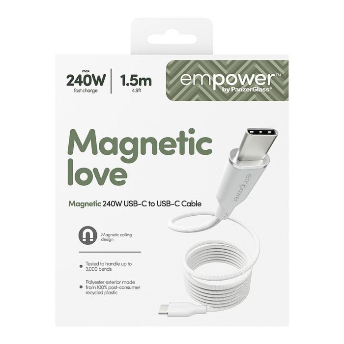 PanzerGlass empower Magnetic Cable USB-C to USB-C 240W, USB 2.0, 1.5m, Color Blanco Plateado, 1 Unidad 2 PanzerGlass empower Magnetic Cable USB-C to USB-C 240W, USB 2.0, 1.5m, Color Blanco Plateado, 1 Unidad 2