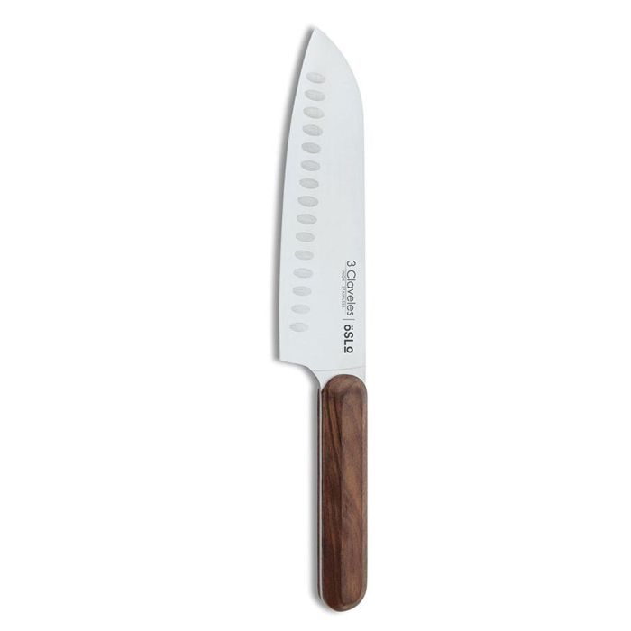 3 Claveles Cuchillo Santoku Oslo 17,5 cm - Hoja Acero Inoxidable, Mango Madera Nogal, Cocina Asiática