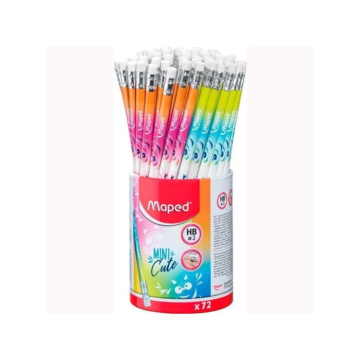Maped Lápiz De Grafito Mini Cute Hb Con Goma De Borrar, Triangular Ergonómico, Bote Expositor 72 Ud Surtido Multicolor