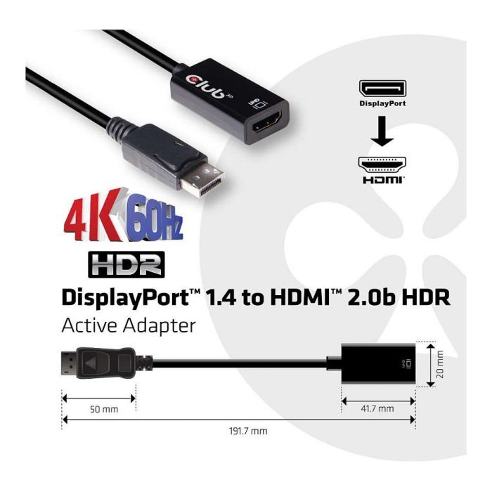 Club 3D Adaptador DisplayPort 1.4 a HDMI 2.0b HDR Activo 4K60Hz Negro 2
