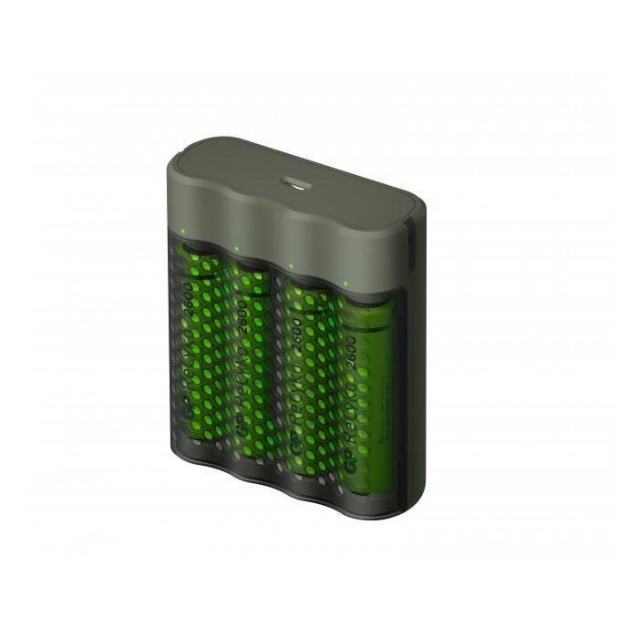 GP M451 Cargador Rápido de Pilas AA/AAA, incluye 4 Pilas Recargables NiMH AA 2600mAh, Negro/Verde, con Organizador GP M451 Cargador Rápido de Pilas AA/AAA, incluye 4 Pilas Recargables NiMH AA 2600mAh, Negro/Verde, con Organizador